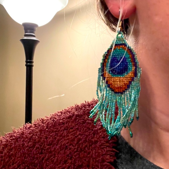 Beaded Peacock Feather Earrings - Picture 3 of 3